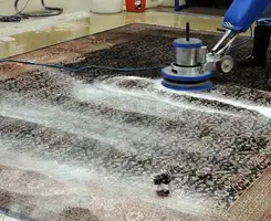 Professional rug cleaning with a rotary floor machine and shampoo foam, deep-cleaning an area rug, in Raleigh, NC.