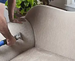 Professional upholstery cleaner deep-cleaning a fabric sofa with a handheld extraction tool and hose in Raleigh, NC.